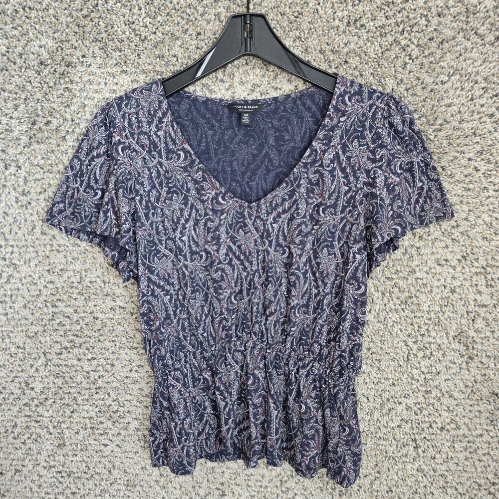 Lucky Brand Top Womens Small Blue Boho Paisley Print Ruffle Hem V Neck Casual